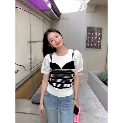 Spring knitted woolen shirt for women, Korean new round collar, gentle style, lady's splicing, Western-style casual short-sleeved shirt, trendy