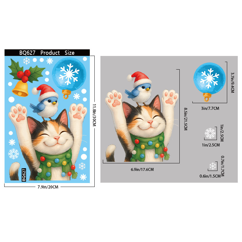 Amazon クリスマスステッカークリエイティブ子猫静電ステッカークリスマスパーティー用品スノーフレークベルガラスステッカー|undefined