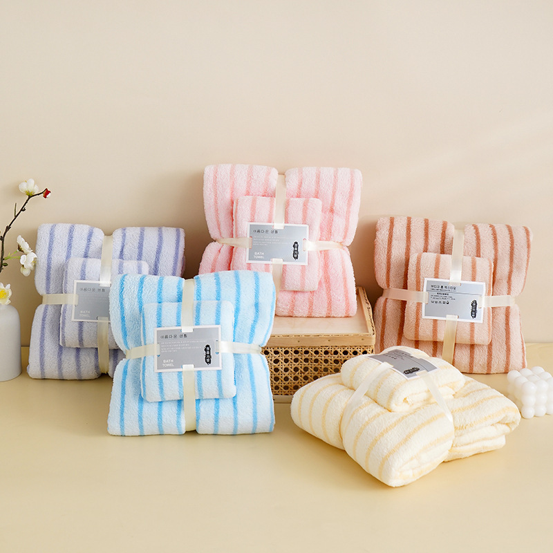Towel Bath Towel Coral Fleece Set Absorbent Striped Mother and Mother Set Towel Thickened Extra Large Gift Towel Beach Towel Wholesale