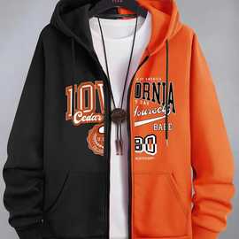 跨境网布面料欧美新款撞色风格长袖开衫男童卫衣3D印花拉链连帽衫