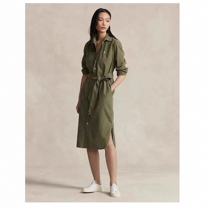 European and American Rl Embroidered Pony Early Spring Cotton Lapel Lace-Up Dress Casual Elegant Oxford Cloth Shirt Dress