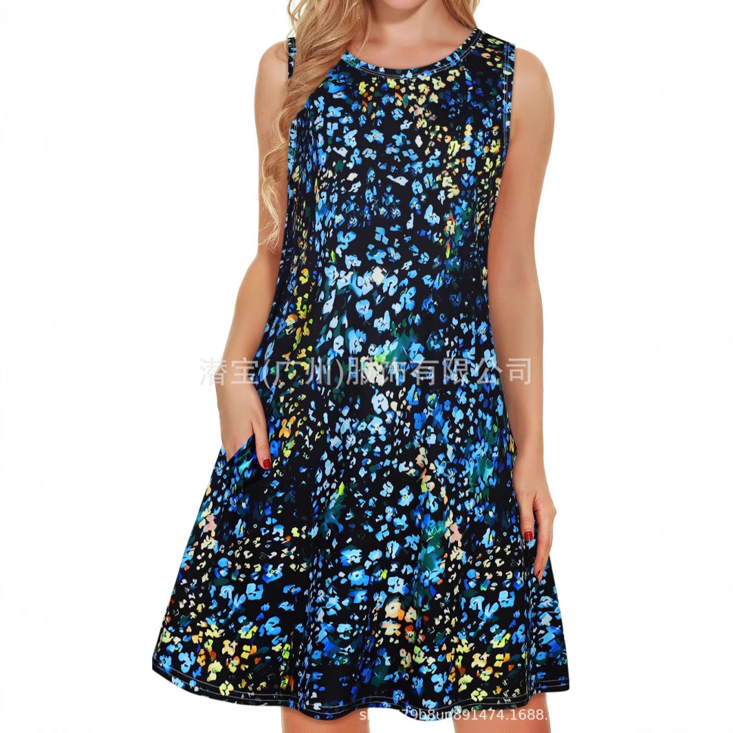 2025现货新款跨境外贸欧美女装圆领无袖插袋短款连衣裙休闲连衣裙