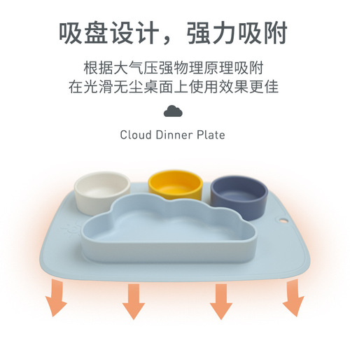 A one-piece disposable cloud-shaped silicone dinner plate with integrated childproof non-slip divided silicone dinner plate