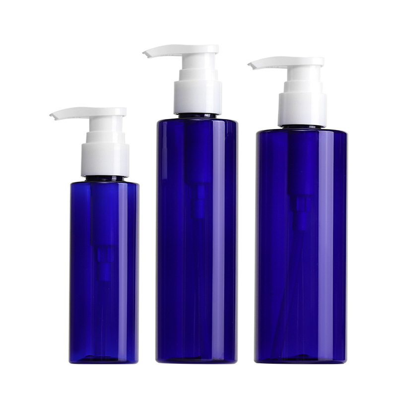 Botella de cabeza de bomba de presión cosmética Xumin 100-200ml botella de loción corporal a través del hombro azul 250ml botella de esencia