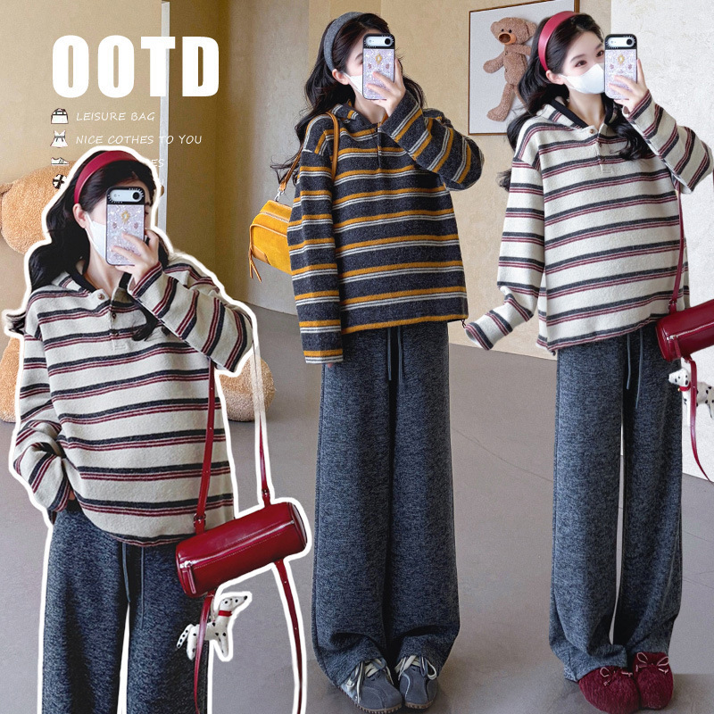 New autumn and winter Korean-style loose-fitting brushed striped hooded T-shirt top and drawstring wide-leg pants casual slimming set for pregnant women New autumn and winter Korean-style loose-fitting brushed striped hooded T-shirt top and drawstring wide-leg pants casual slimming set for pregnant women