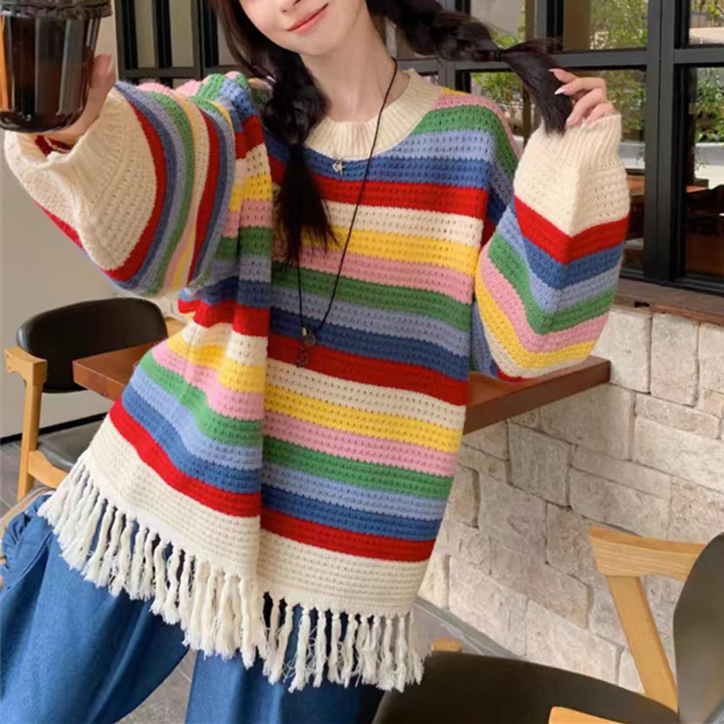 Autumn and Winter New Rainbow Striped Tassel Knit Sweater Hollow-Out Women's Fashion Loose Dopamine Color-Blocking Design