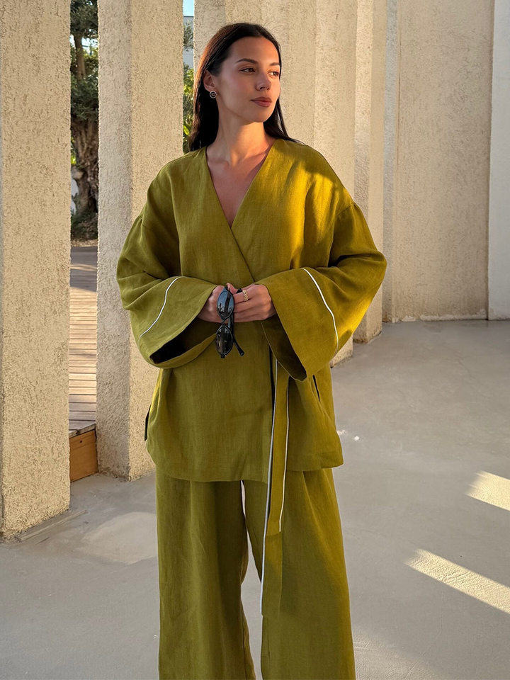 Bộ đầm hai món nữ áo cardigan cổ chữ V dài tay phối quần ống rộng — Màu be, Xanh lá cây, màu đen chi tiết 8