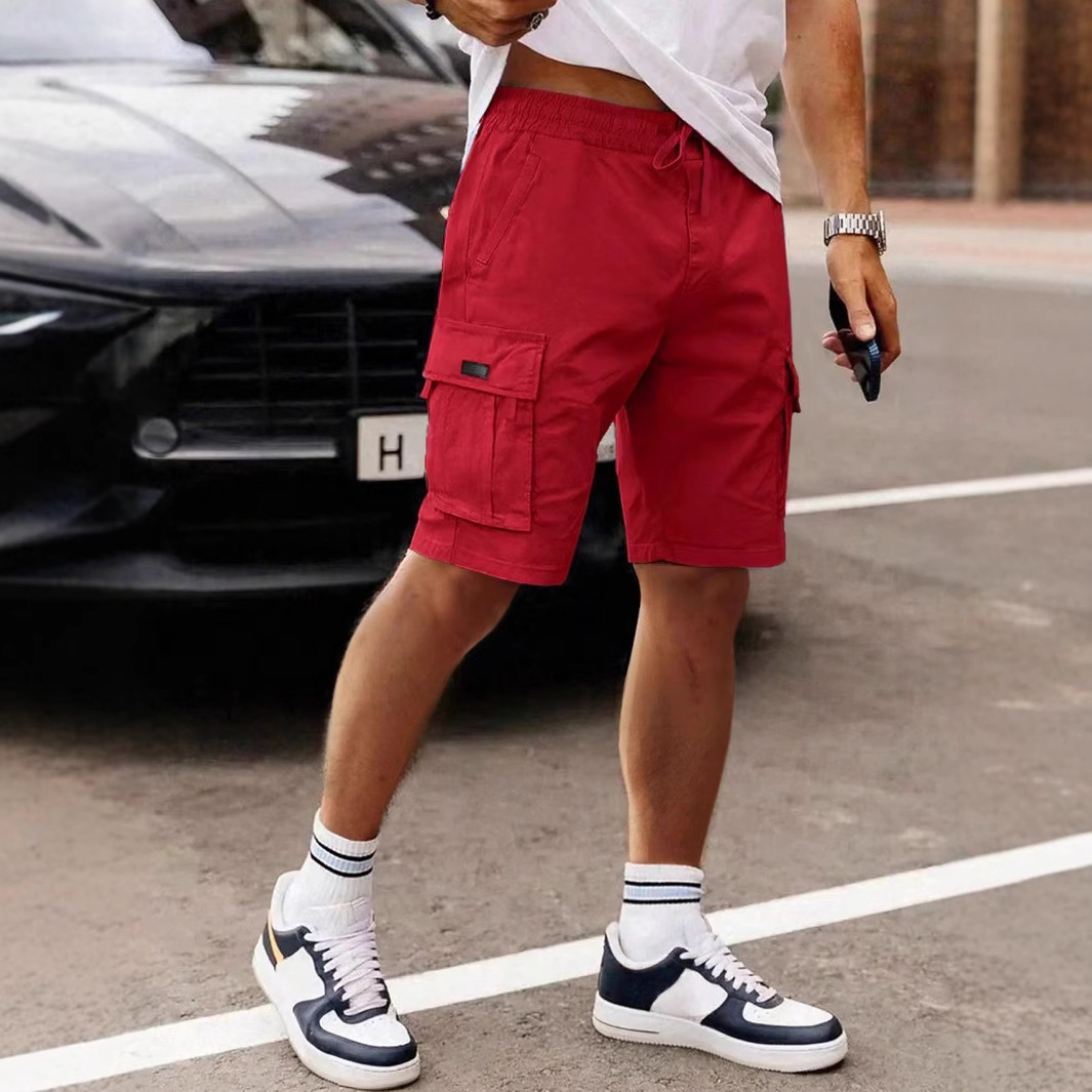 Men's New Solid Color Drawstring Elastic Waist Multi-Pocket Straight Shorts Cargo Pants Summer Men's Knee-Length Shorts