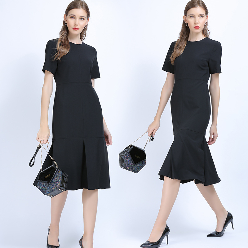 欧美高端欧货春季拼接黑色a字h型连衣裙2021年新款长裙女春秋直筒|ms