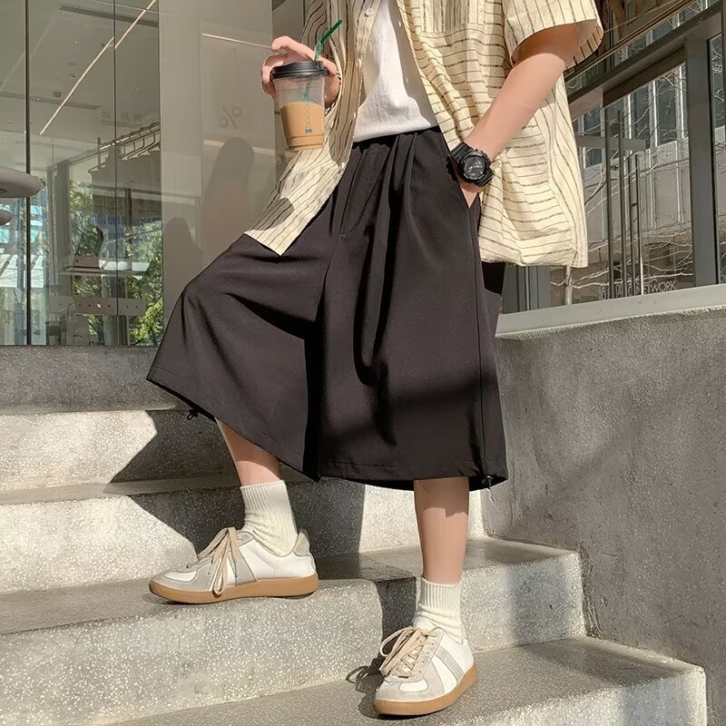 Yamamoto Style Suit Shorts Men's Summer Trendy Brand Ice Silk Wide-leg Pants oversize Over-the-knee Pants Culottes