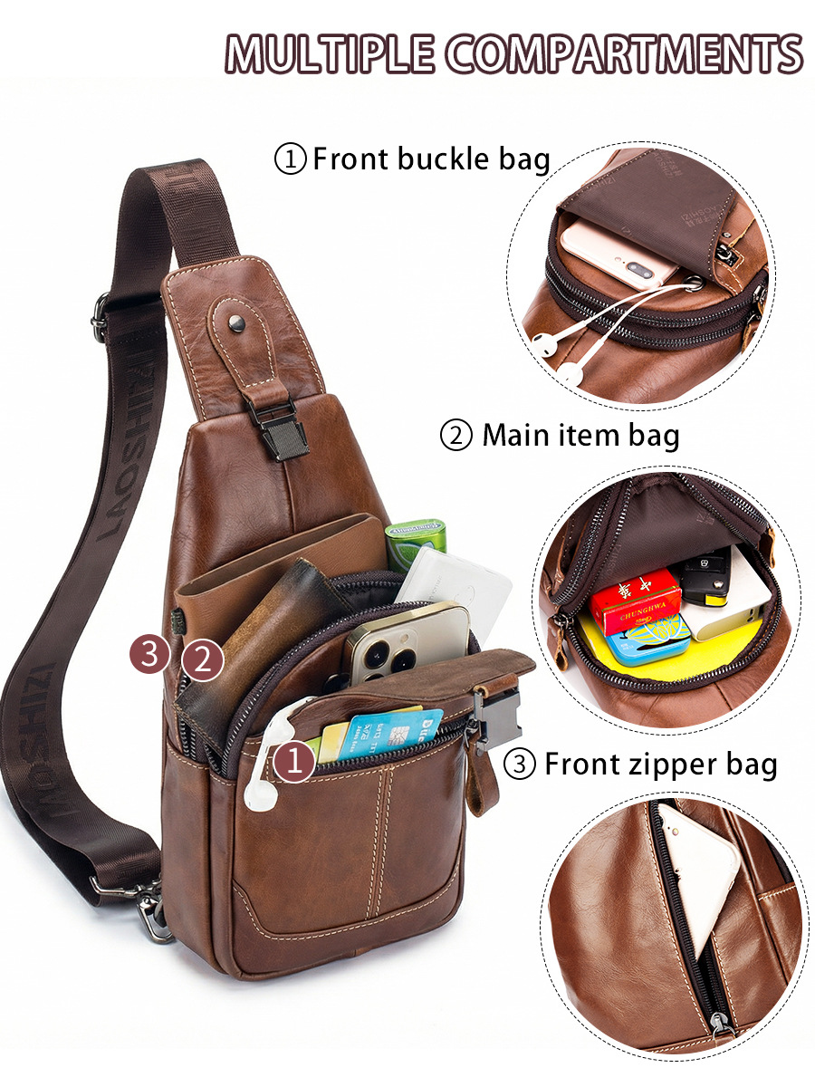 Bolso de pecho de cuero genuino para hombre, bolso de pecho de piel de vaca de primera capa, bolso de hombro de estilo informal retro, bolso de cuero de gran capacidad