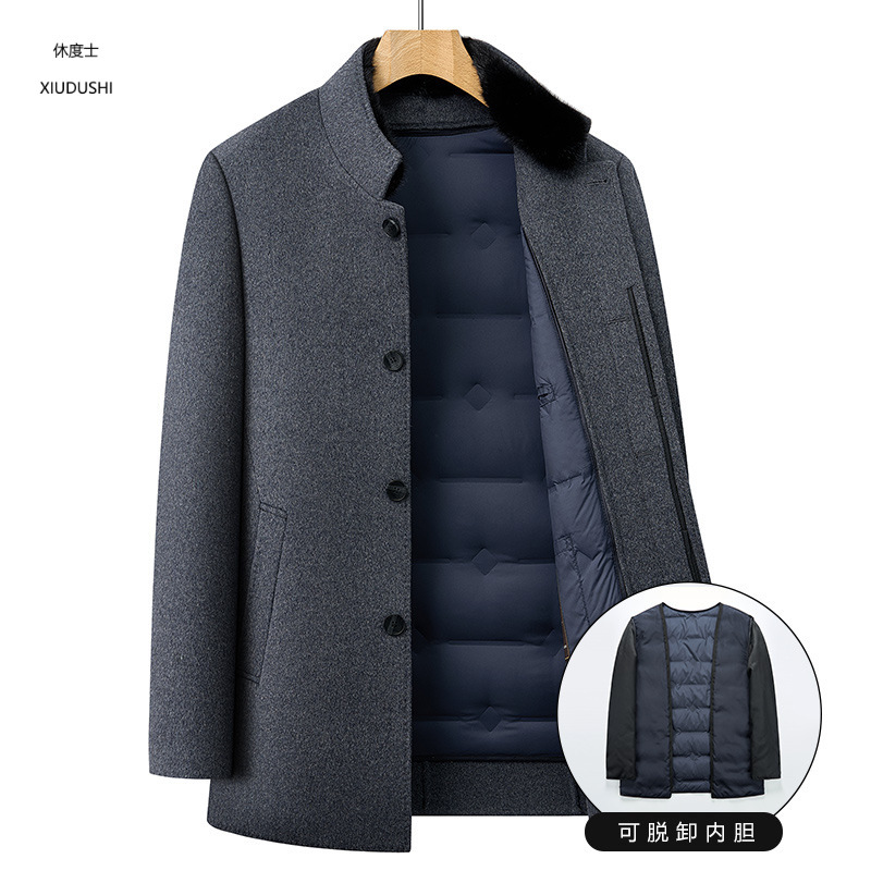 Men's mid-length wool coat with detachable white goose down lining, thickened and warm for autumn and winter.