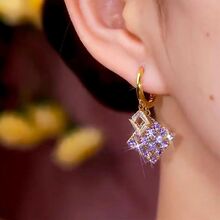 几何方块耳环高级感金色14K电镀金紫色锆石耳扣式925银针耳饰气质