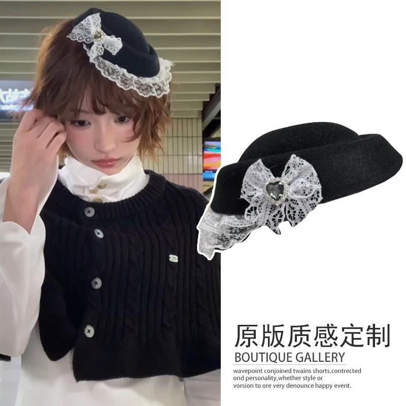 赫本风小礼帽黑色蕾丝卷边花朵礼帽甜美发夹高级感显脸小渔夫帽