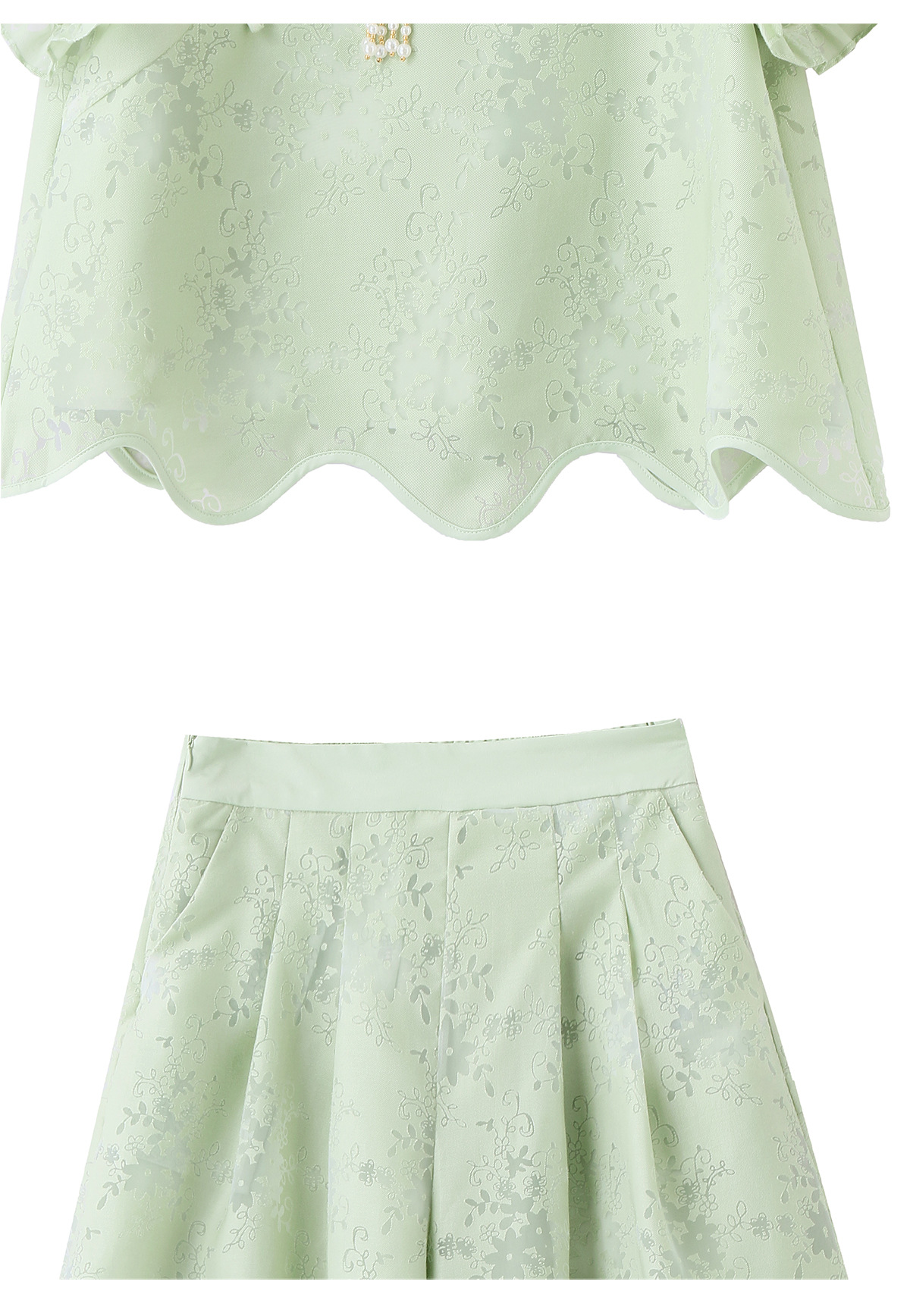 Bộ áo sơ mi họa tiết jacquard kết hợp quần ống rộng cạp thun hai mảnh thời trang — Vàng kem, xanh lá cây chi tiết 29