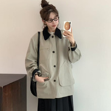 2025秋季新款韩国东大门复古撞色翻领单排扣中长款风衣夹克外套女