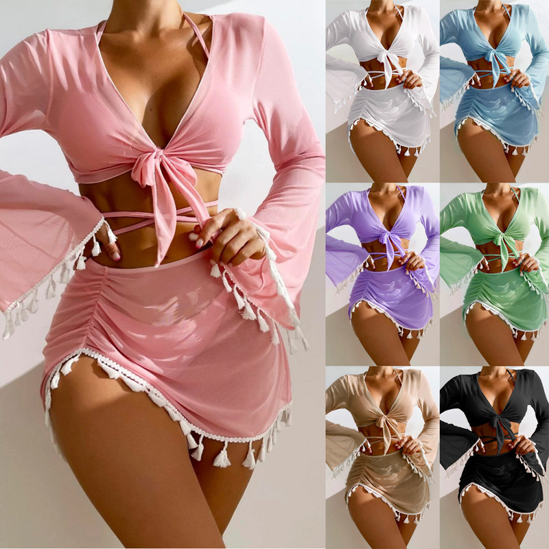 2025 new European and American conservative four-piece solid color tassel blouse mesh short skirt bikini wholesale swimsuit women