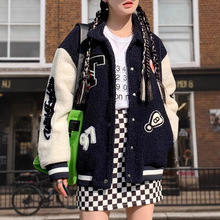 秋冬季羊羔绒棒球服外套女装夹克刺绣羊羔毛外套加厚保暖潮牌跨境