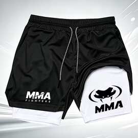 2合1 MMA格斗短裤男子快干压缩衬垫拳击泰拳训练馆跑步运动短裤wx