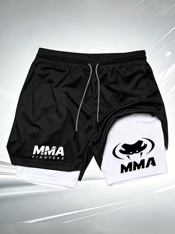 2-in-1 MMA fighting shorts, men's quick-drying compression shorts with padding, for boxing, Muay Thai training, running, and other sports