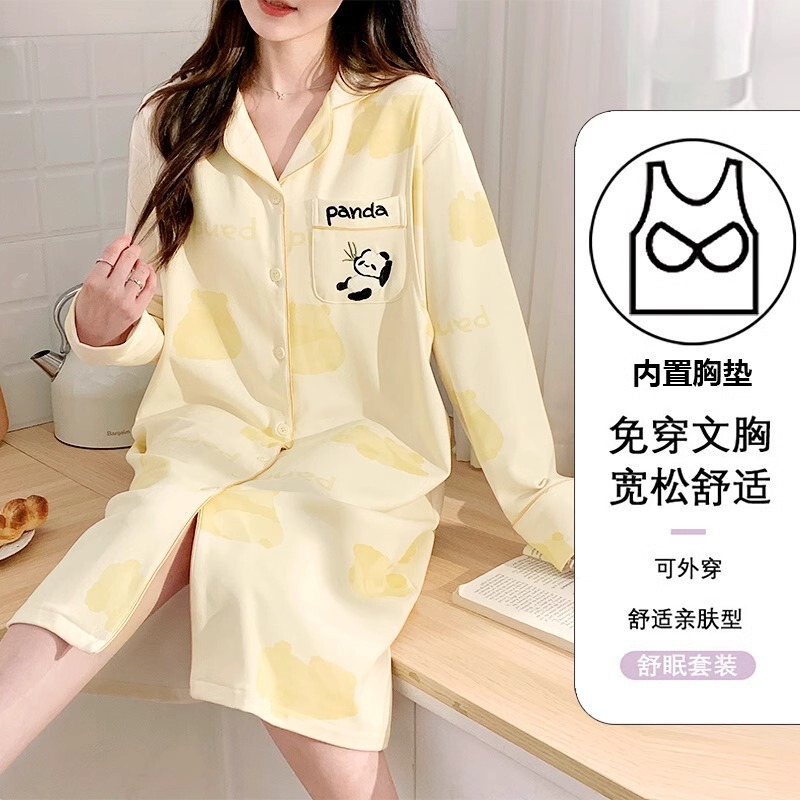 Pure cotton nightdress with chest pad for pregnant women mid-length maternity cardigan confinement dress maternity dress nursing breast dress dress