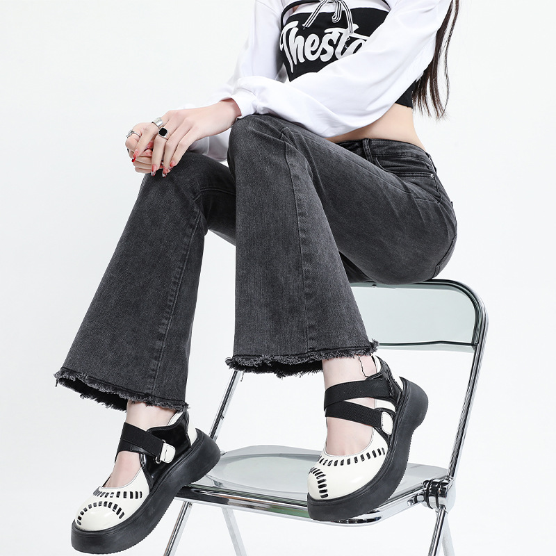Black and Gray Raw Edge Bootcut Jeans for Women Spring & Fall 2025 New High Waist Slimming Look Large Size Stretch Flared Horse Hoof Pants