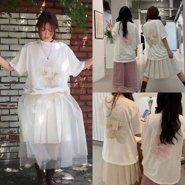 Fan Sun·Xh Korean-Style Loose Letter Floral Short-Sleeve T-Shirt Dongdaemun Summer New Round-Neck White Top for Women Fan Sun·Xh Korean-Style Loose Letter Floral Short-Sleeve T-Shirt Dongdaemun Summer New Round-Neck White Top for Women