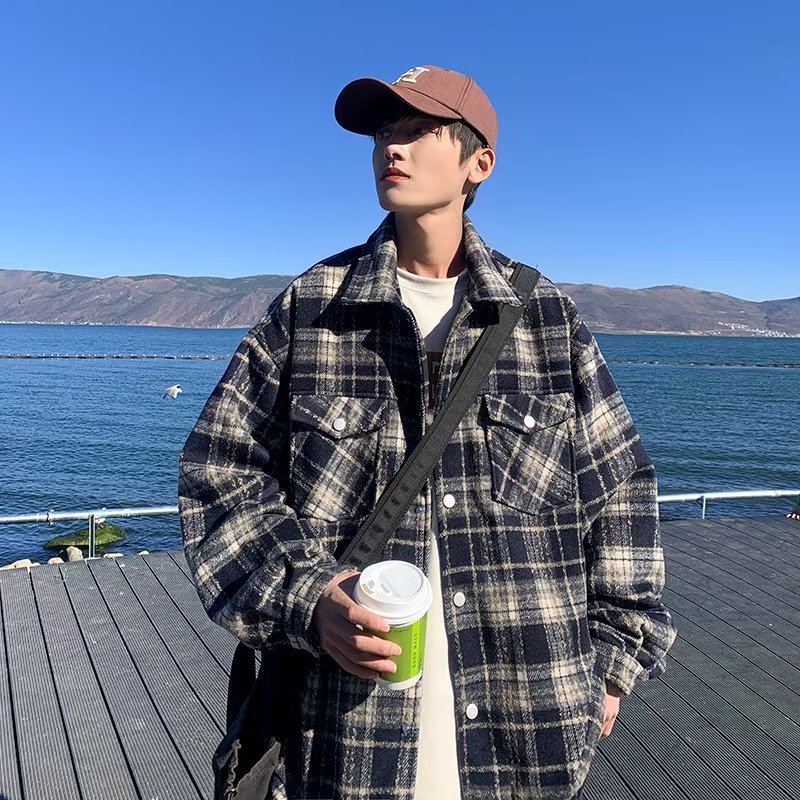 격자 무늬 겨울 청소년 패션 일본식 느슨한 남성용 플립 칼라 유행 모직 신상품 2023 남성용 모직 코트