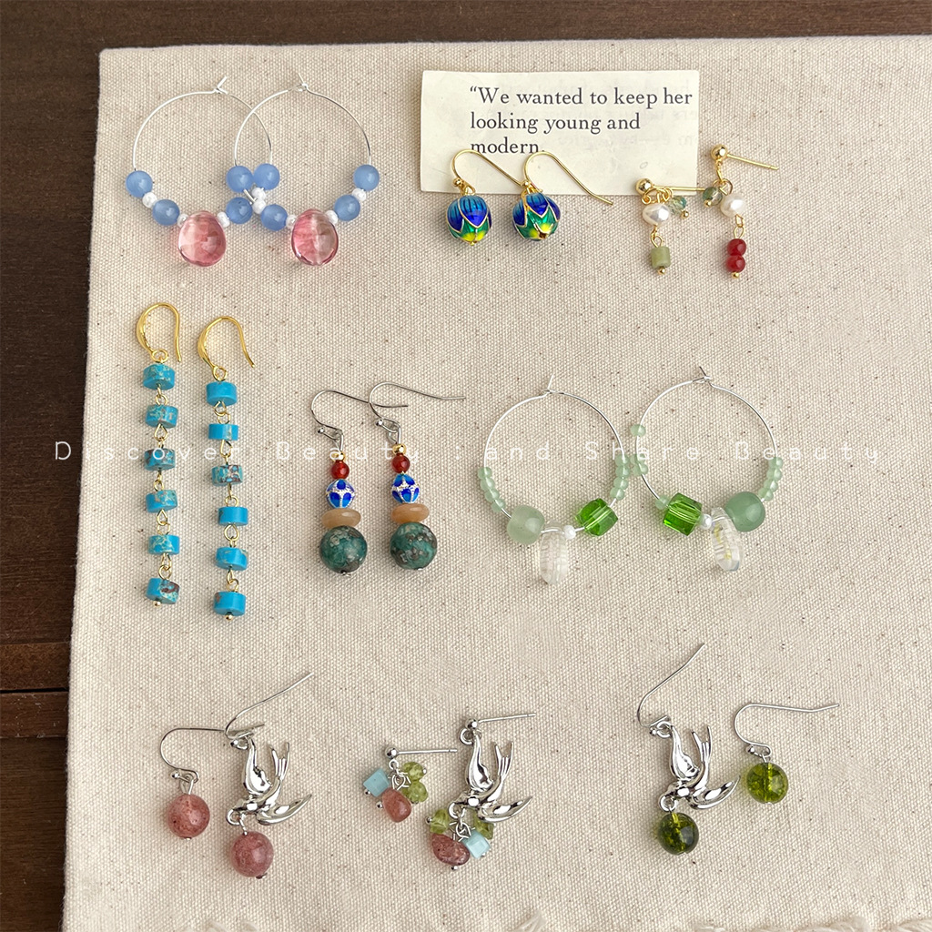 「山水记」新中式天然石耳环国风玻璃水晶耳钉文艺复古民族风耳饰