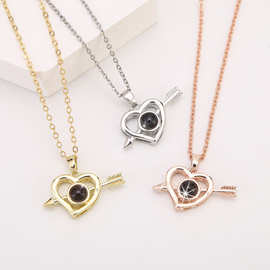 一剑穿心100种语言爱的记忆投影爱心项链微雕可文字照片定 制专属