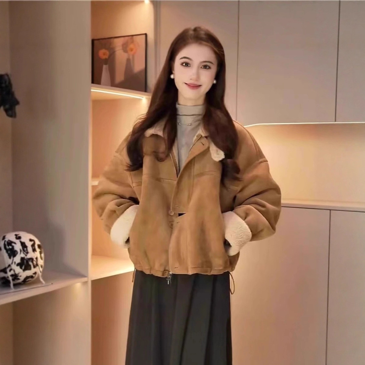 Short Outwear for Women 2025 Autumn and Winter New Style Suede Loose and Versatile Thickeneded Warm Motorcycle Jacket Jacket Top