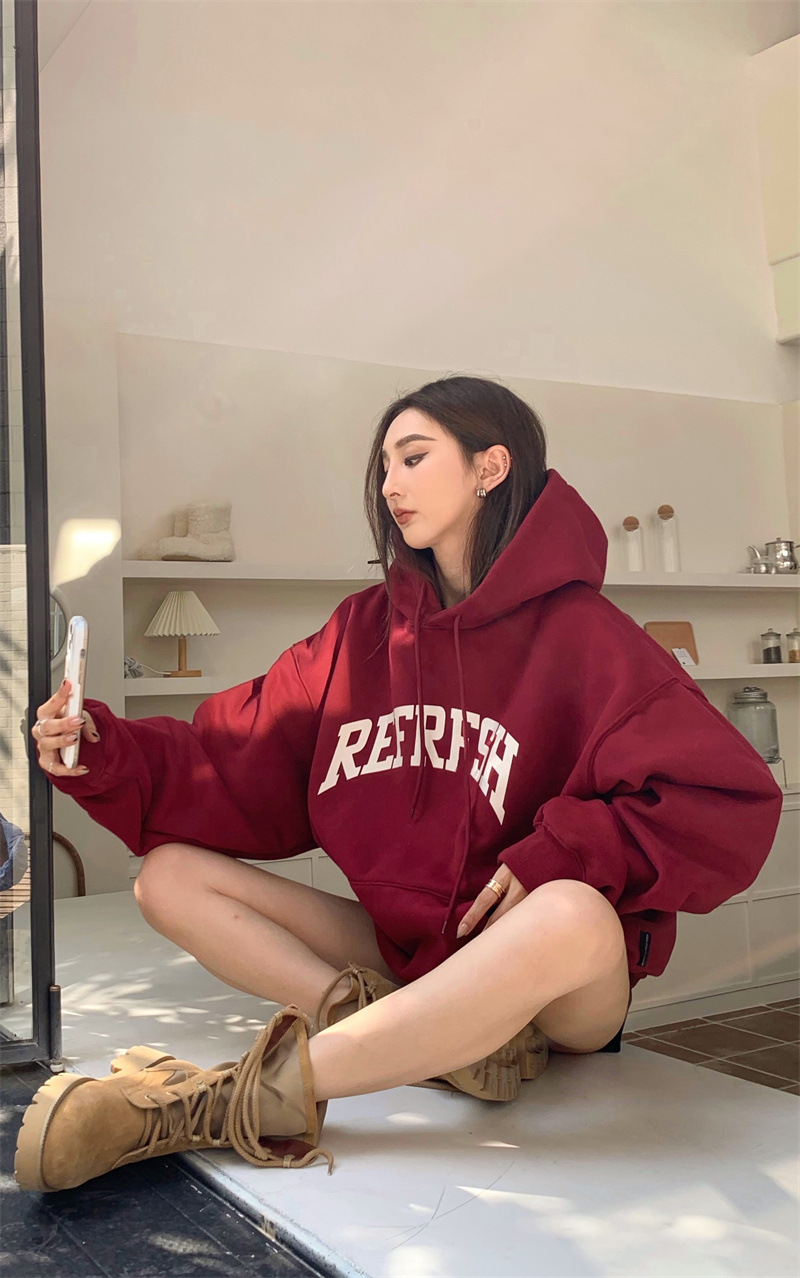 [Venta al por mayor transfronteriza] American retro 2023 nuevo Harajuku suéter forrado de lana con capucha estudiante suelta top
