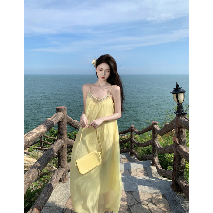 옐로우 [해변바캉스/밀크스타일 여름스커트/드레이프/프렌치로맨틱/기질/연회/슬리밍/슬리밍/인터넷 연예인 핫스타일/유럽상품/위엄있고