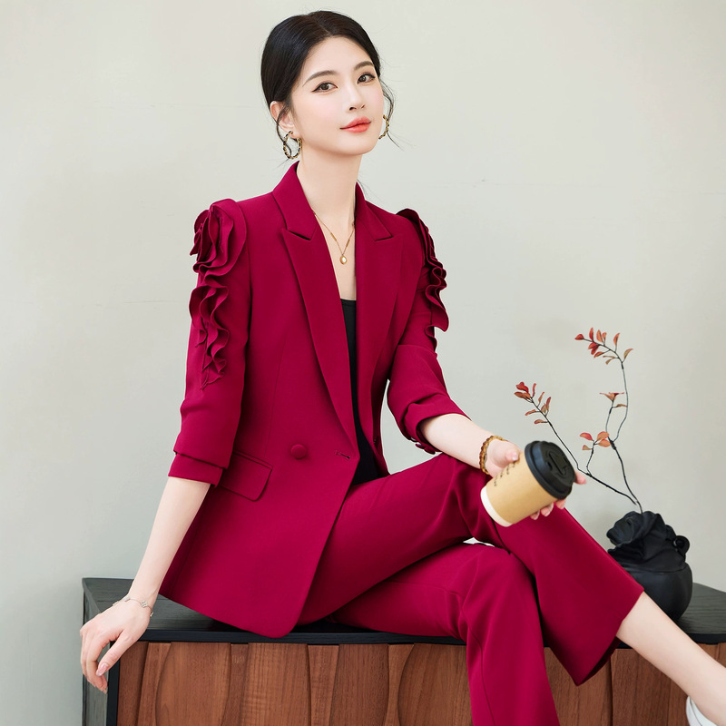 High-End Red Suit Set for Women, Professional Attire, Light Luxury Business Wide-Leg Pants Two-Piece Set, Fashionable Blazer for Summer