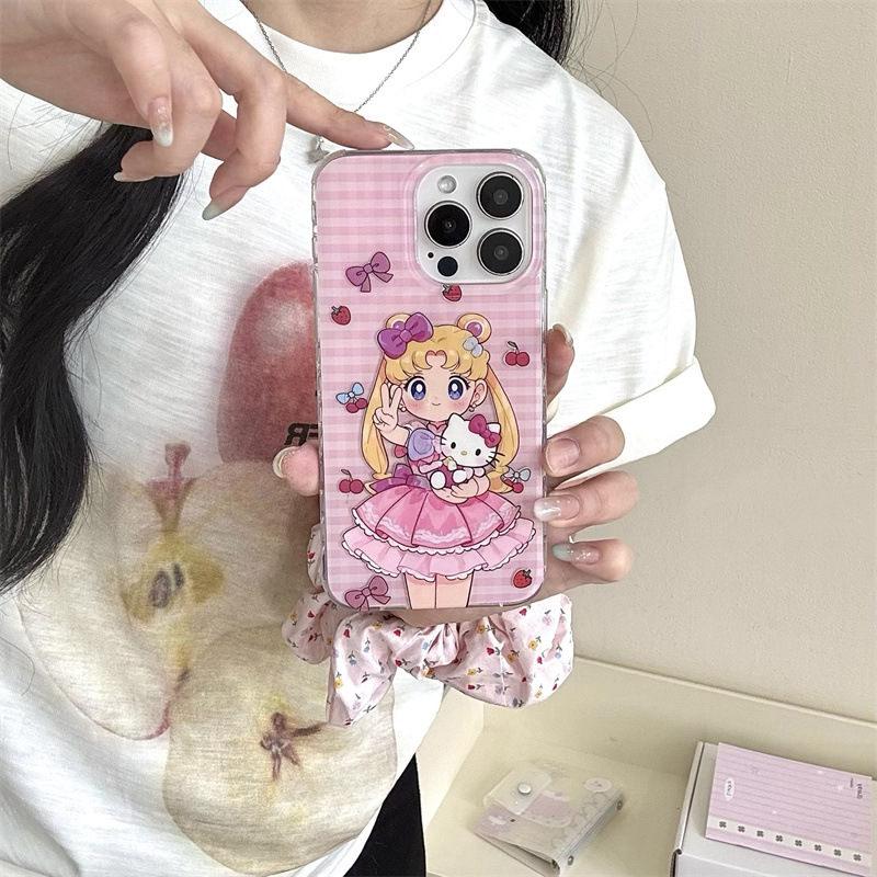 粉格纹鎏金美少女KT适用iPhone17苹果16ProMax手机壳15少女14新款|undefined