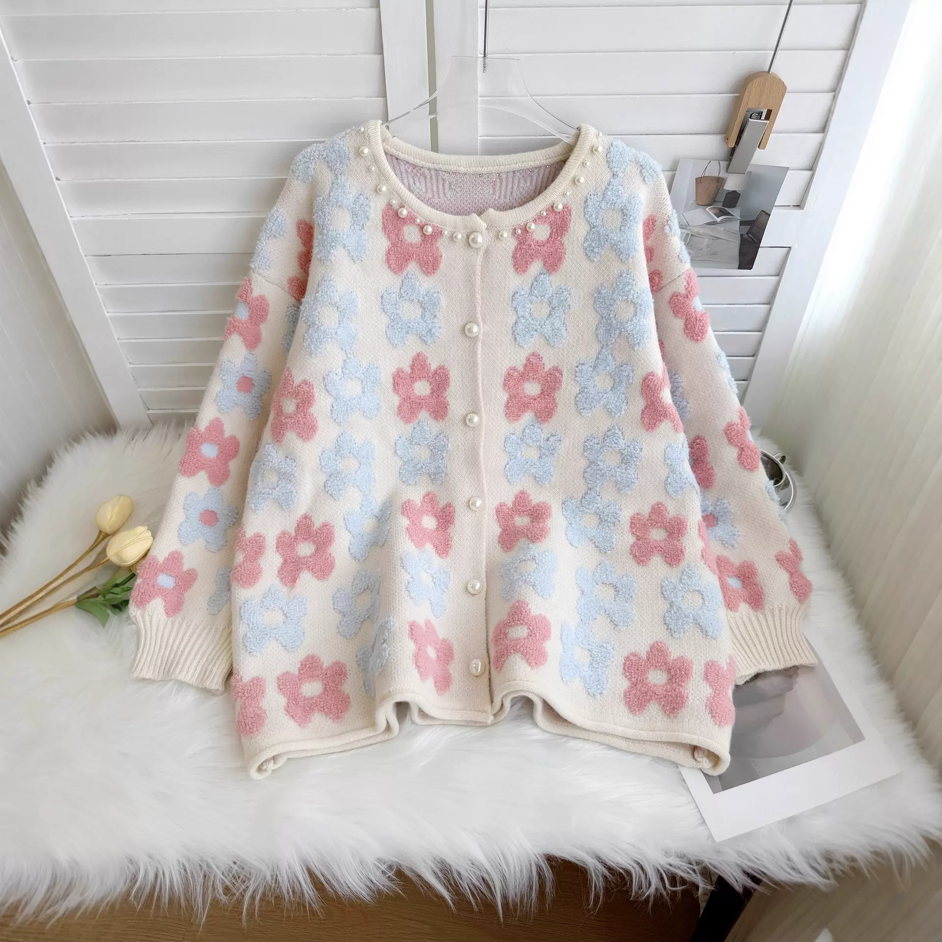 欧美重工立体花朵毛衣女2025秋冬季新款大码宽松软糯针织开衫外套