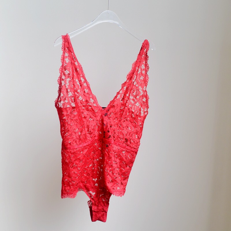 French style ES jumpsuit red lace pure Want to hollow out perspective strap bottoming underwear tight jumpsuit for women