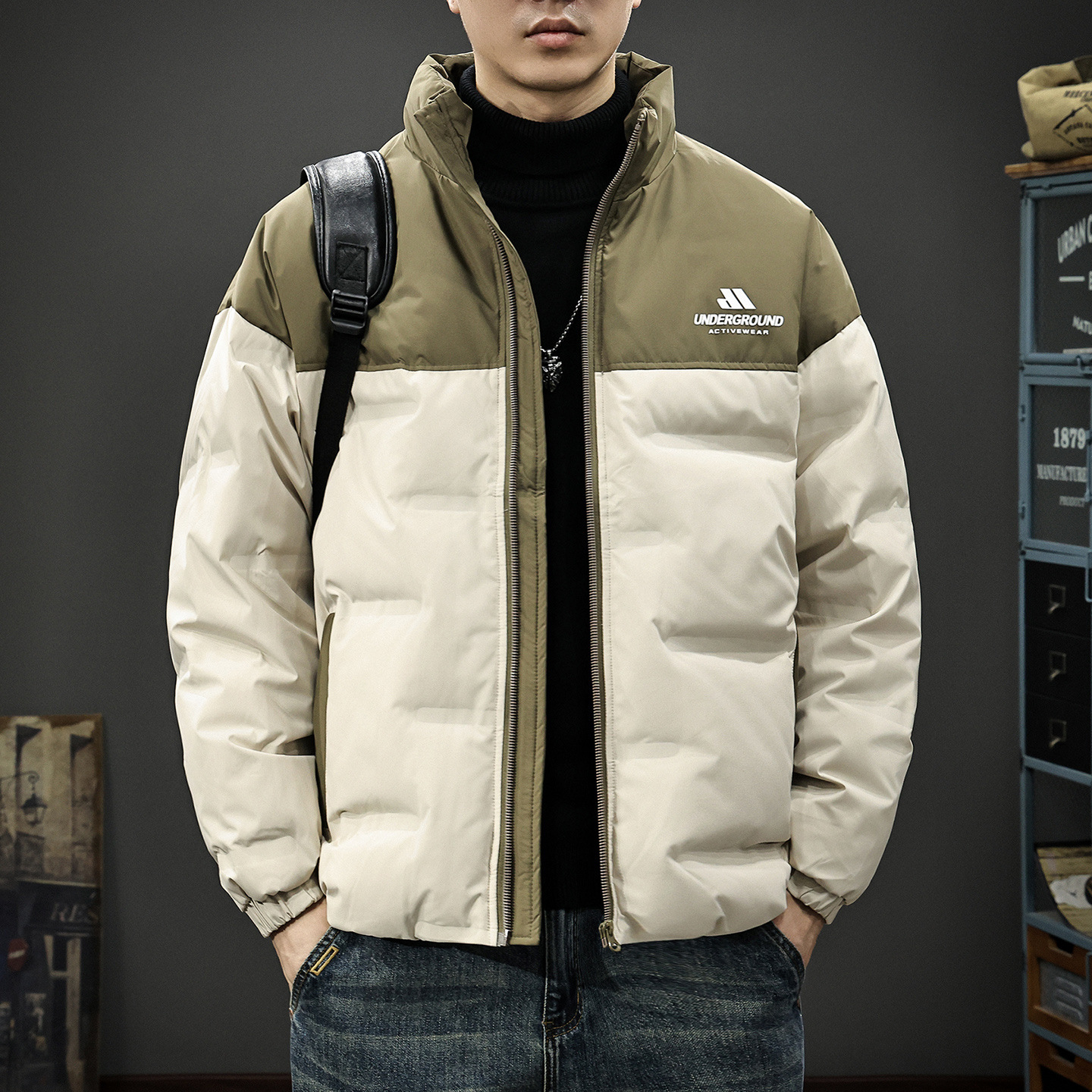 Color-Blocking Printed 90% Duck down Jacket for Men, New Winter Trendy Brand Casual Loose Fit Stand Collar Warm Puffer Jacket