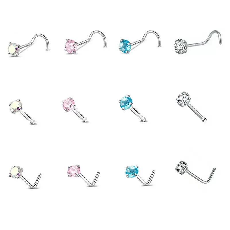 锆石3mm鼻钉5字形S杆L杆直杆彩色简约可爱欧美镶嵌穿刺饰品男女