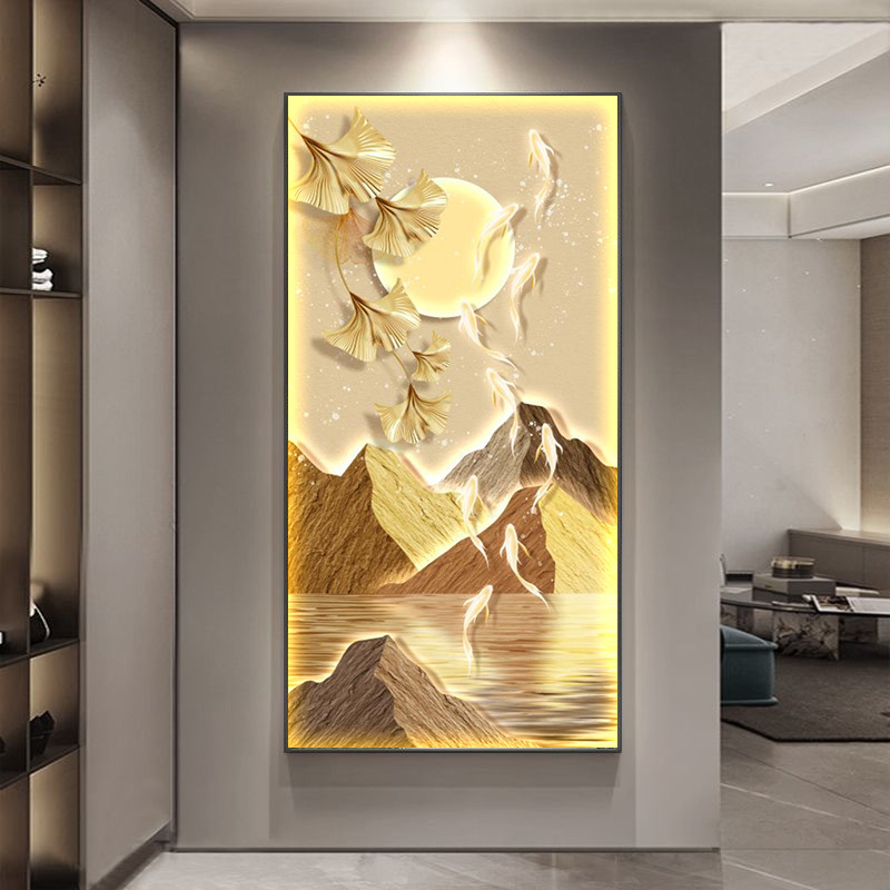 九鱼图玄关装饰画新中式山水走廊过道壁画灯画入户正对门客厅挂画|undefined