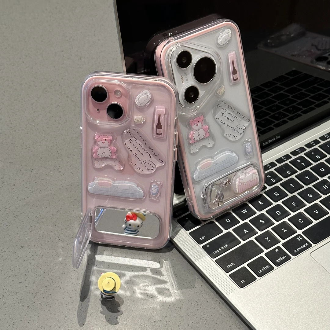 DIY粉熊贴纸镜子支架适用iPhone17pro手机壳15/16二合一13/14大孔