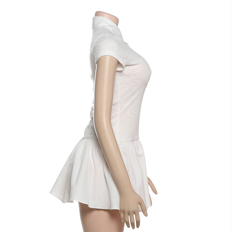 Spring Women Clothing Personality Collared Button Slim Slimming Pleated Contrast Color Short Sleeve Dress