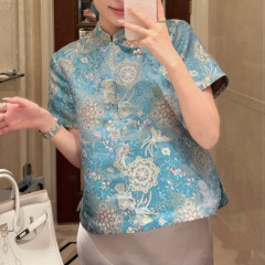 新しい中国風鳳明朝陽高精細レーヨン宋錦生地ジャカード国民風スタンドカラー年齢軽減気質半袖トップ75