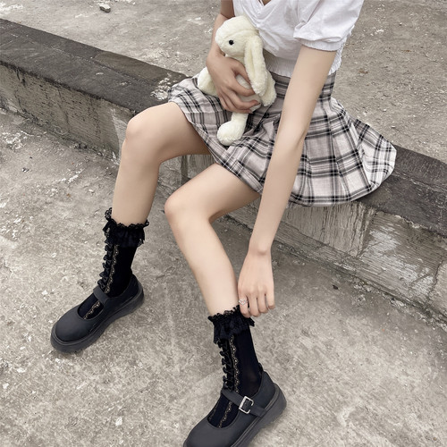 Japanese retro milky white bow hollow lace love jacquard calf socks lace short socks JK mid-calf socks