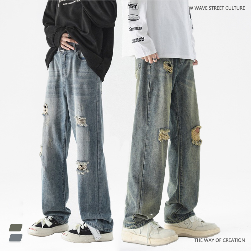 Ripped beggar jeans men's autumn new fashion brand loose straight pants men's retro wide leg casual pants