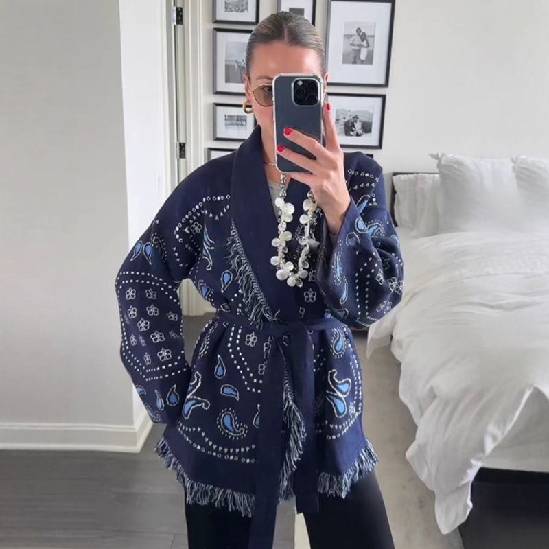 Tassel Patchwork Knitted Printed Cardigan Women's Sweater with Belt, Long-Sleeve V-Neck, Colorful Thickened Fashion Sweater 2025