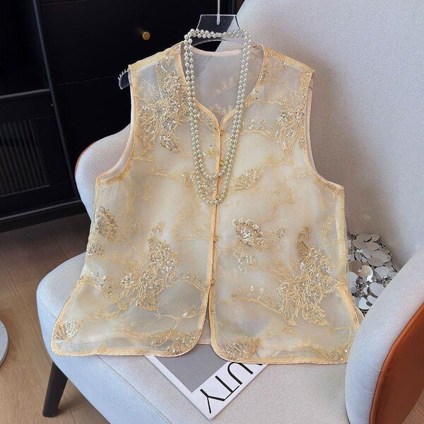 New Chinese Style Chinese Style Vest National Style Vest Women's Retro Sleeveless Thin Heavy Industry Lace Vest Women's Summer