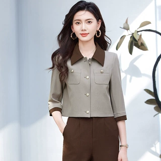 YR88527小香风气质套装女2025春撞色polo领短款外套阔腿裤两件套