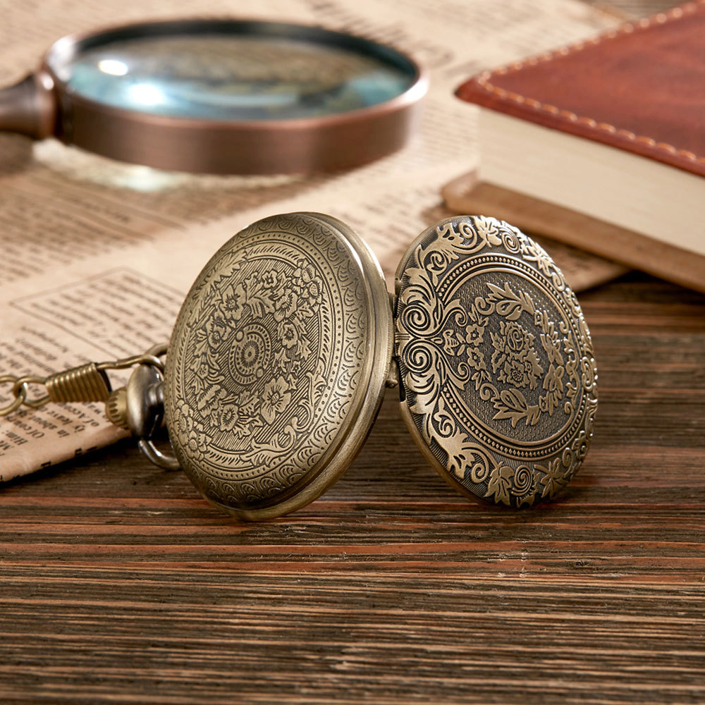 Relógio de bolso esqueleto vintage gravado com colar presente_voghion.com