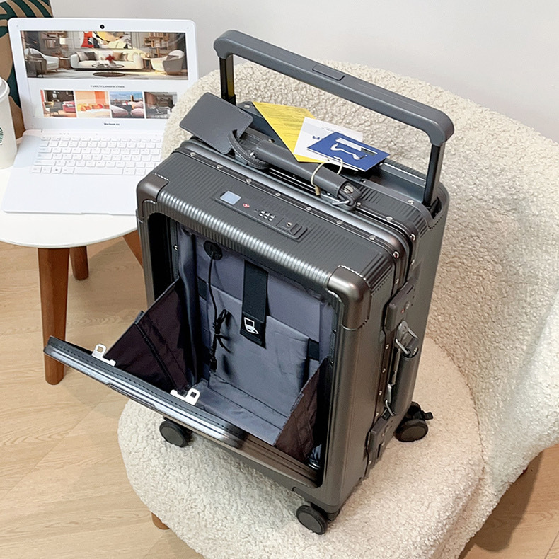 2024 new front flap open luggage high color value aluminum frame luggage brake wheel wide trolley box 20 inches
